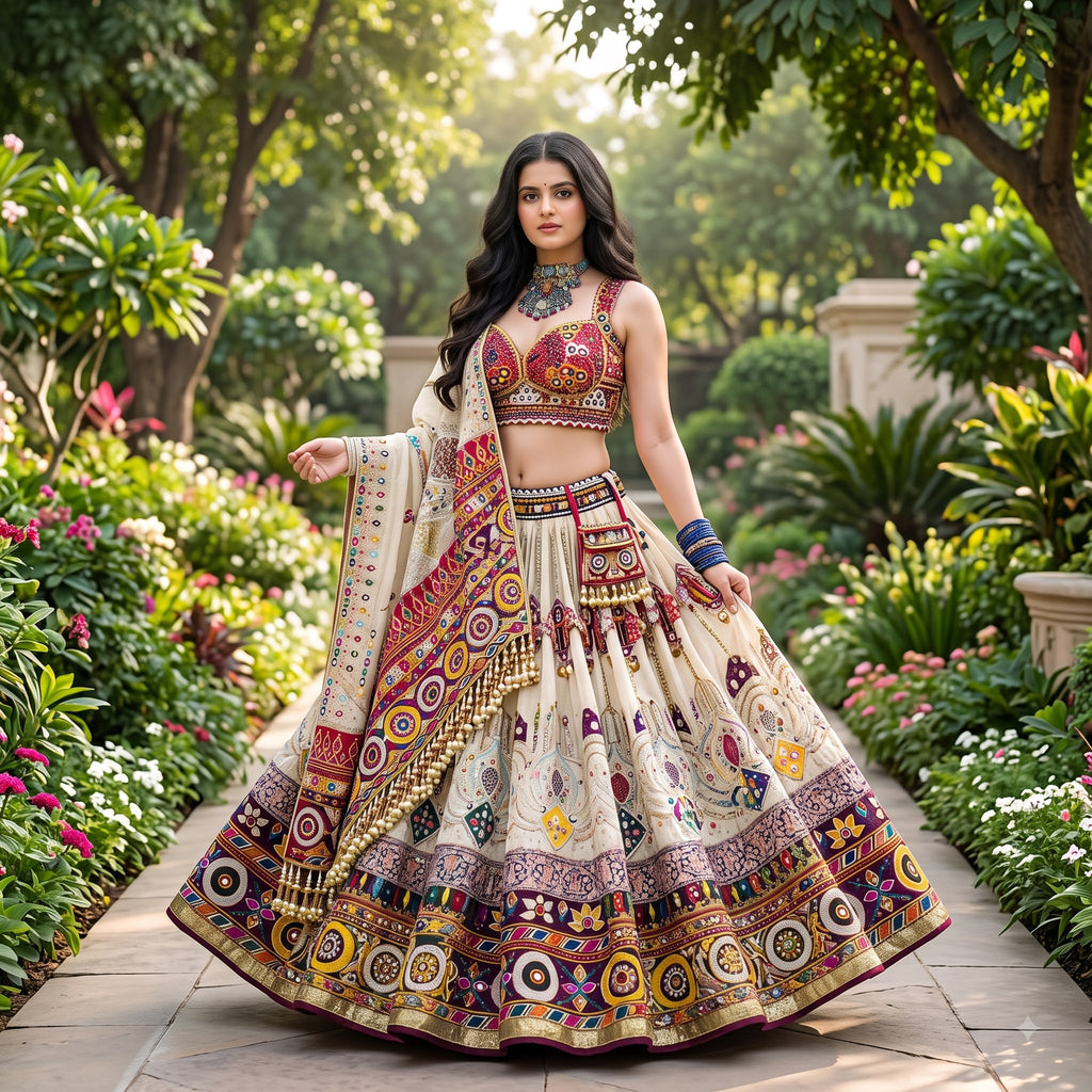 Premium Heritage Muslin Cotton Navratri Lehenga Choli Set with Real Mirror Work Dupatta