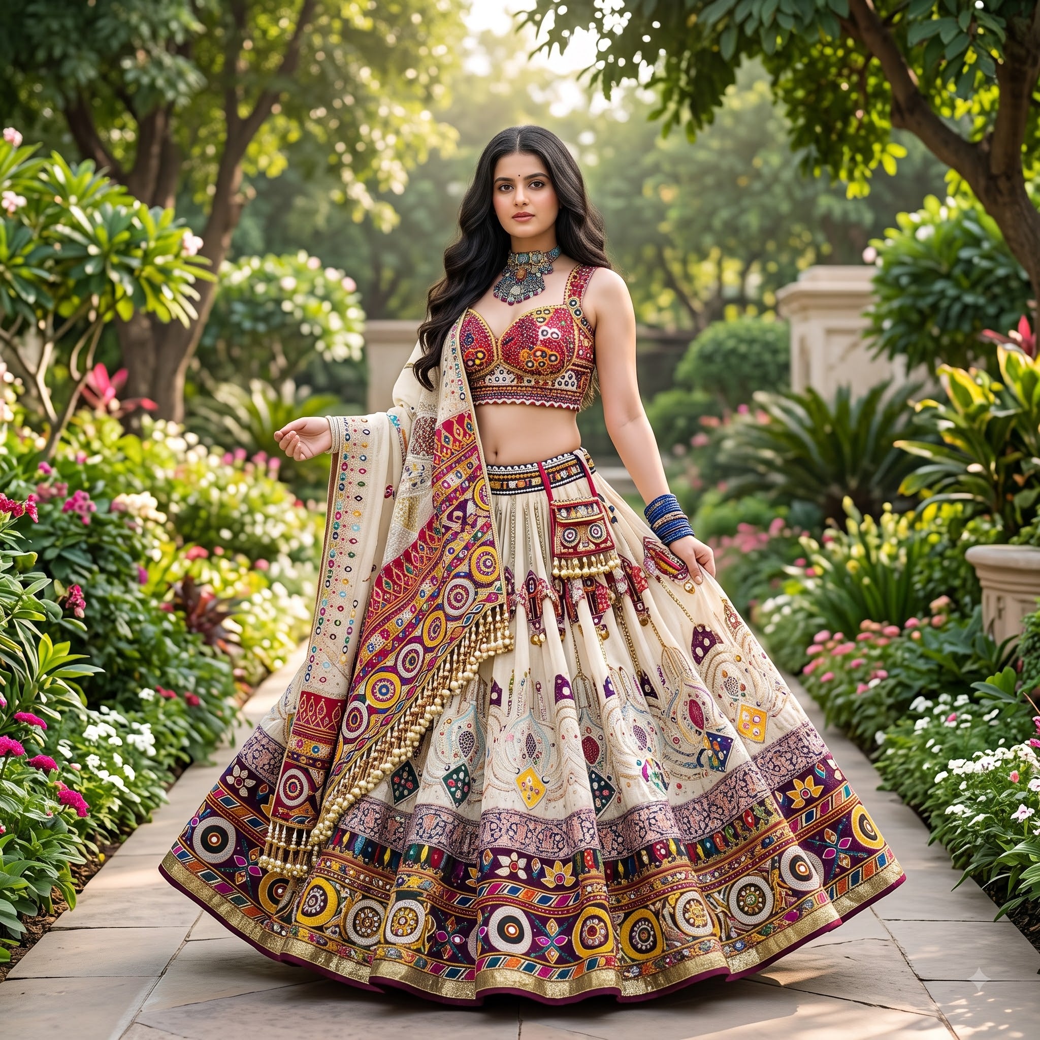 Premium Heritage Muslin Cotton Navratri Lehenga Choli Set with Real Mirror Work Dupatta