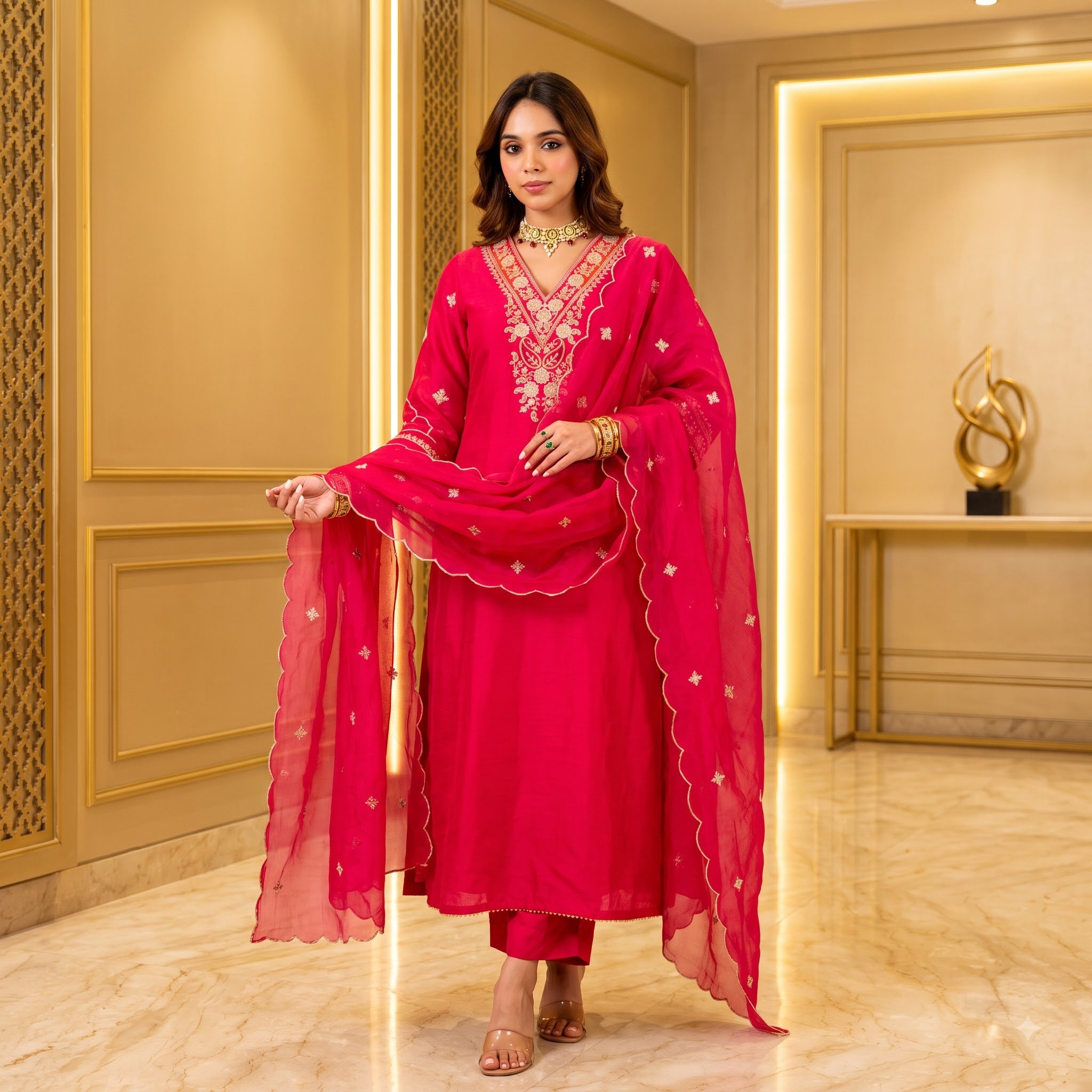 Apsara Ethnic Premium Viscose Chanderi Embroidered Kurta Set with Pure Organza Dupatta for Women