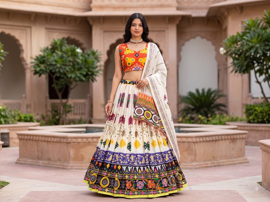 Premium Muslin Cotton Navratri Lehenga Choli Set for Women | Designer Digital Print Chaniya Choli with Mirror Work Dupatta | Garba & Dandiya Collection 2026