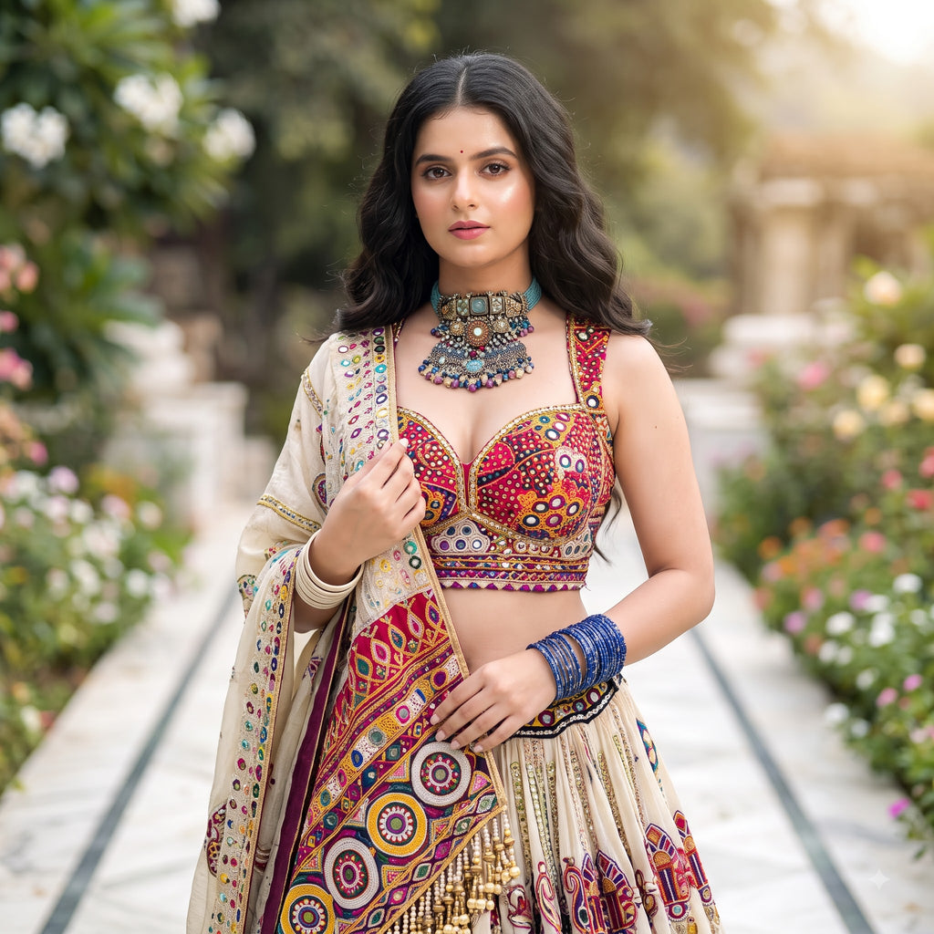 Premium Heritage Muslin Cotton Navratri Lehenga Choli Set with Real Mirror Work Dupatta