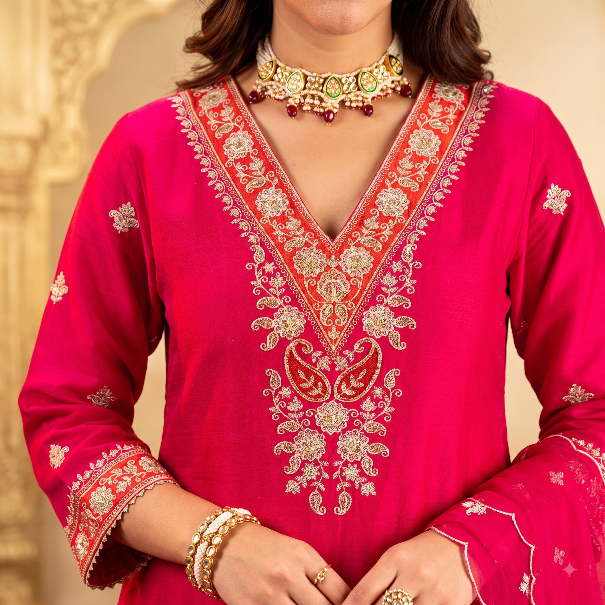 Apsara Ethnic Premium Viscose Chanderi Embroidered Kurta Set with Pure Organza Dupatta for Women