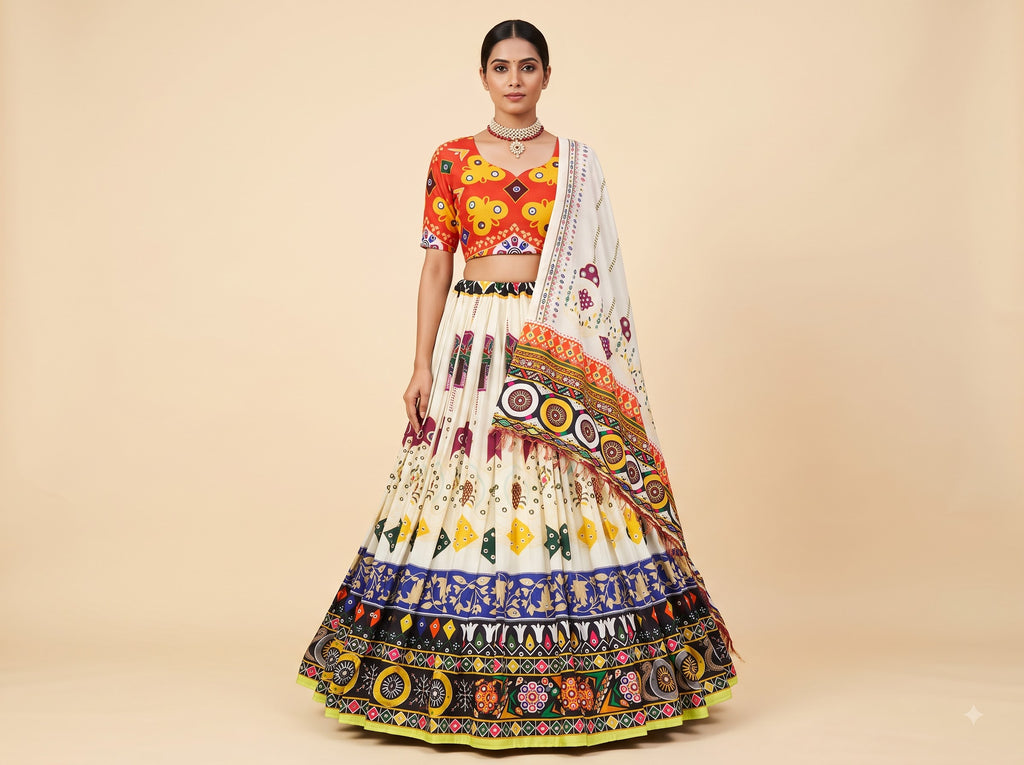 Premium Muslin Cotton Navratri Lehenga Choli Set for Women | Designer Digital Print Chaniya Choli with Mirror Work Dupatta | Garba & Dandiya Collection 2026