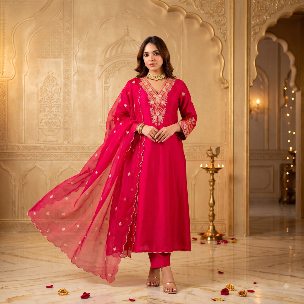 Apsara Ethnic Premium Viscose Chanderi Embroidered Kurta Set with Pure Organza Dupatta for Women