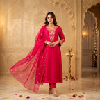 Women's Embroidered Viscose Chanderi Kurta Set with Organza Dupatta | Premium Ethnic Wear