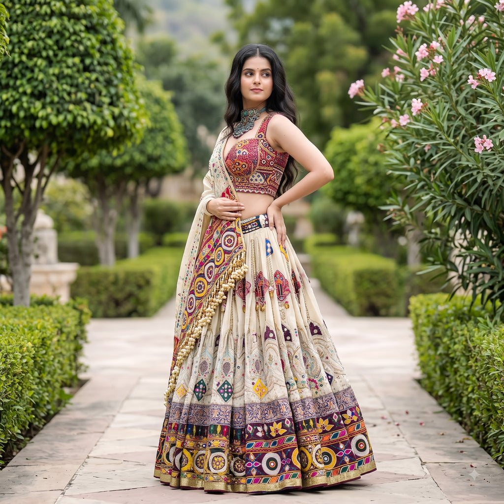 Premium Heritage Muslin Cotton Navratri Lehenga Choli Set with Real Mirror Work Dupatta