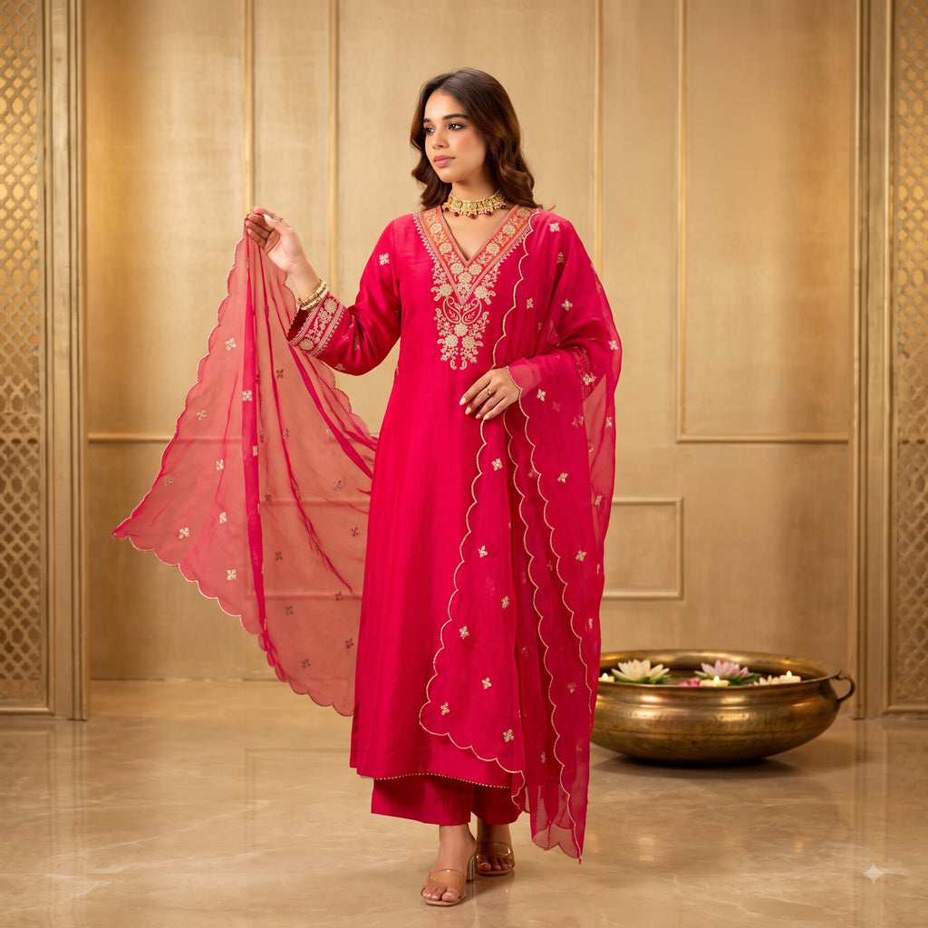 Apsara Ethnic Premium Viscose Chanderi Embroidered Kurta Set with Pure Organza Dupatta for Women