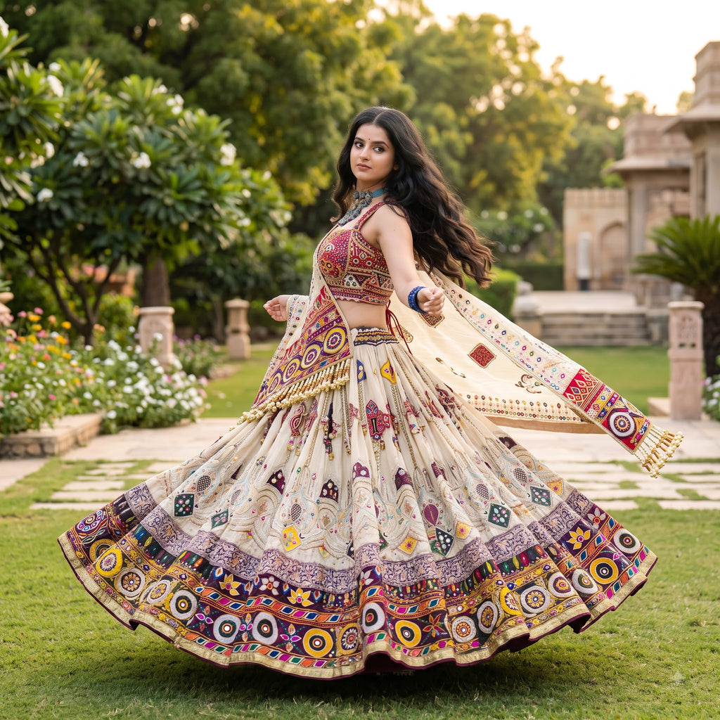 Premium Heritage Muslin Cotton Navratri Lehenga Choli Set with Real Mirror Work Dupatta