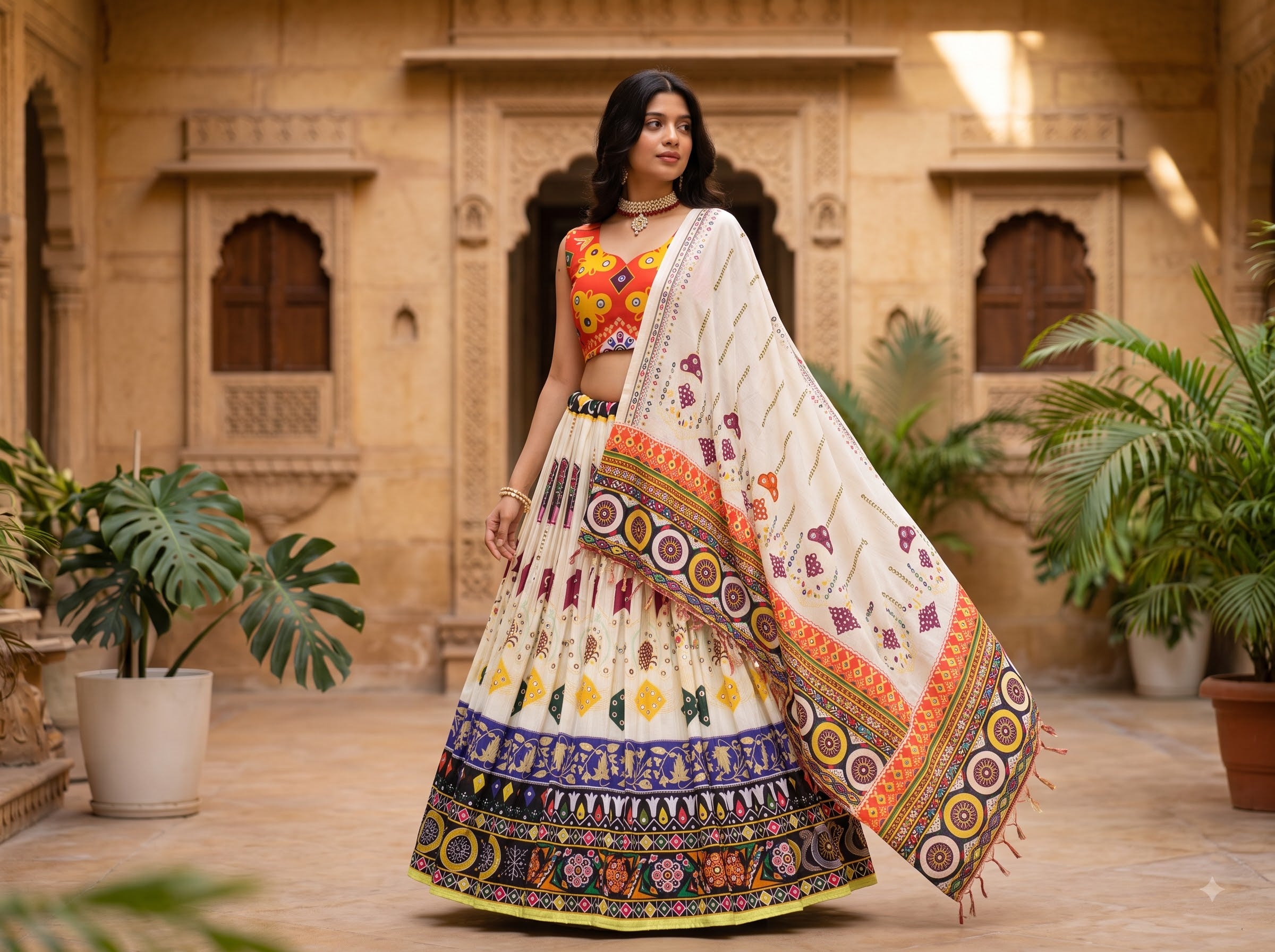 Premium Muslin Cotton Navratri Lehenga Choli Set for Women | Designer Digital Print Chaniya Choli with Mirror Work Dupatta | Garba & Dandiya Collection 2026