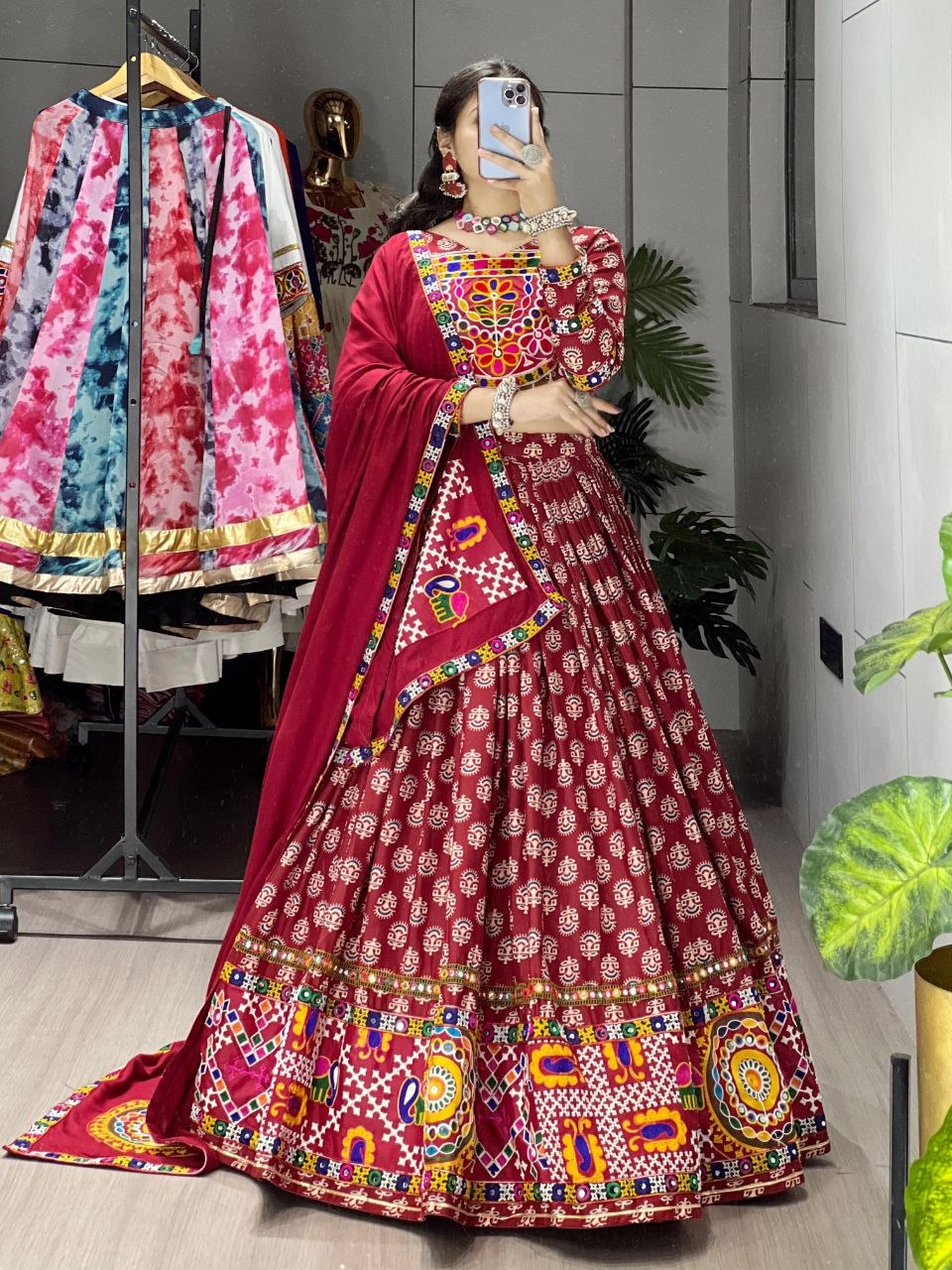 Traditional Ajrakh Print Rayon Cotton Navratri Chaniya Choli with Real Mirror Work