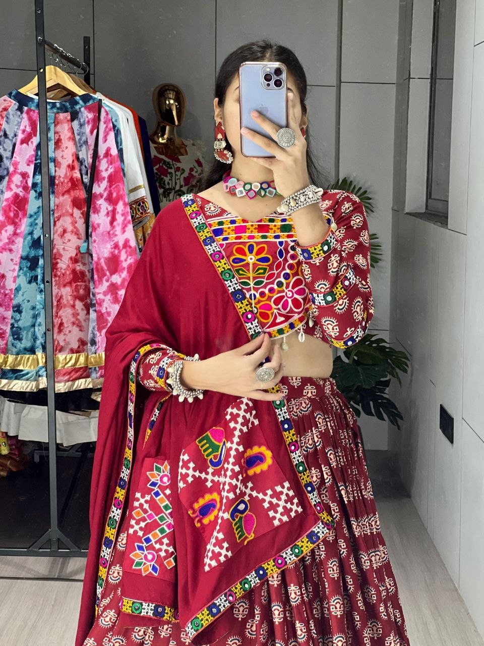 Traditional Ajrakh Print Rayon Cotton Navratri Chaniya Choli with Real Mirror Work