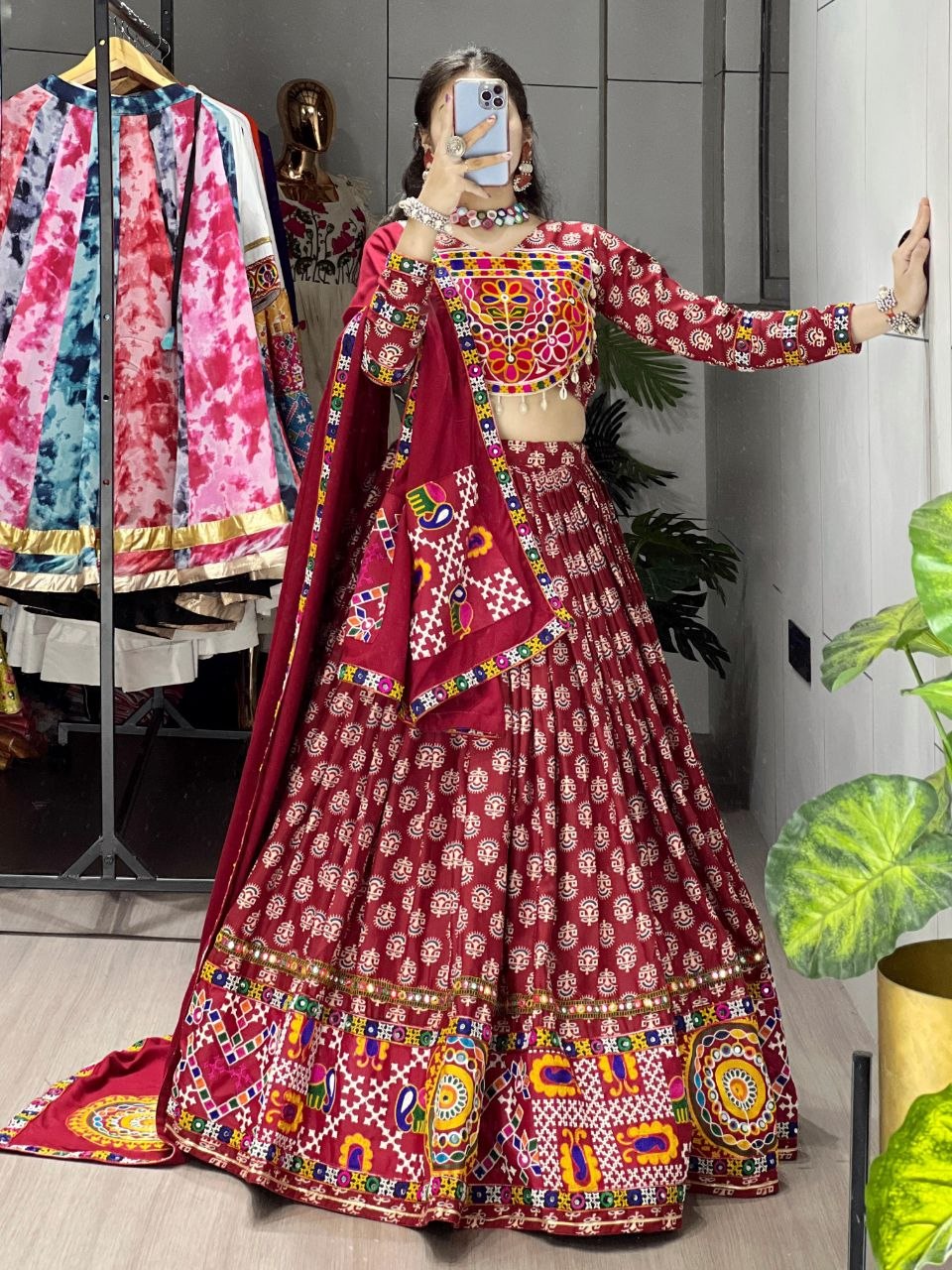 Traditional Ajrakh Print Rayon Cotton Navratri Chaniya Choli with Real Mirror Work