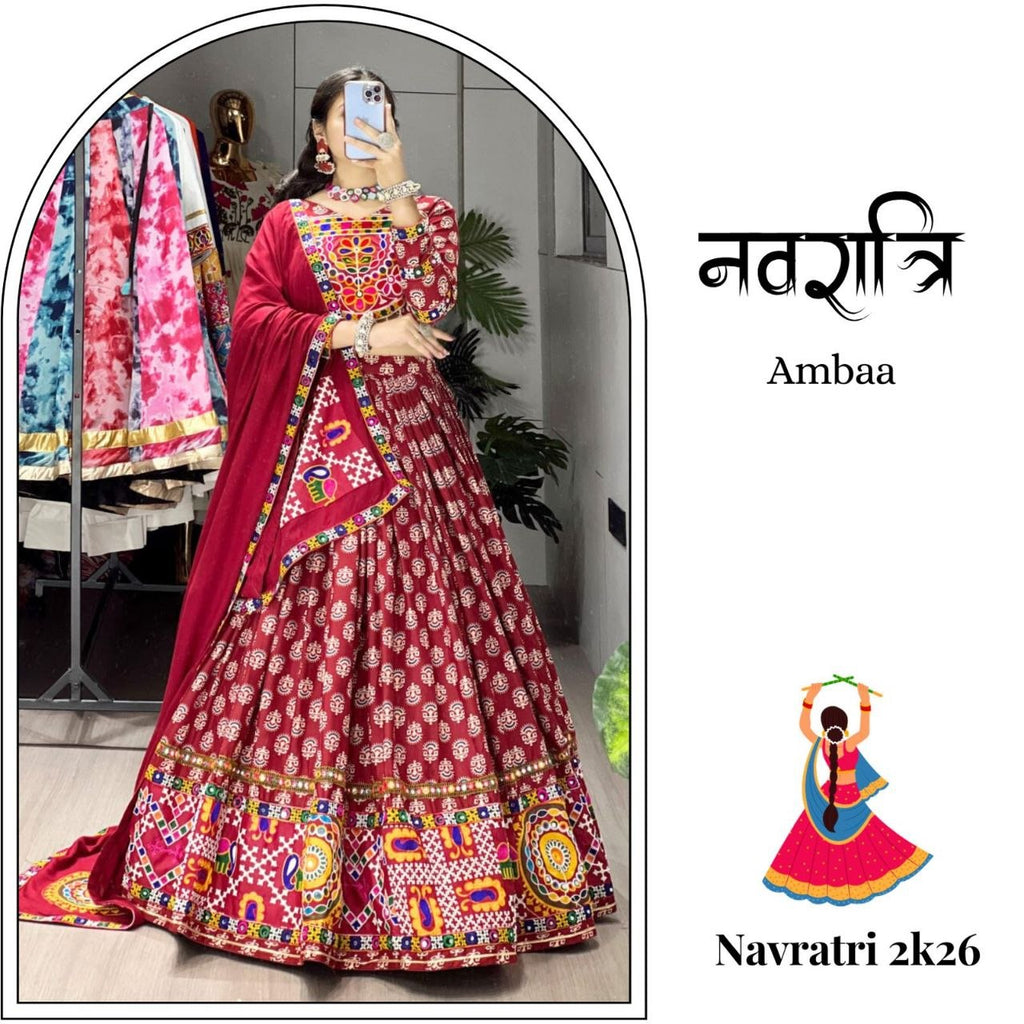 Traditional Ajrakh Print Rayon Cotton Navratri Chaniya Choli with Real Mirror Work