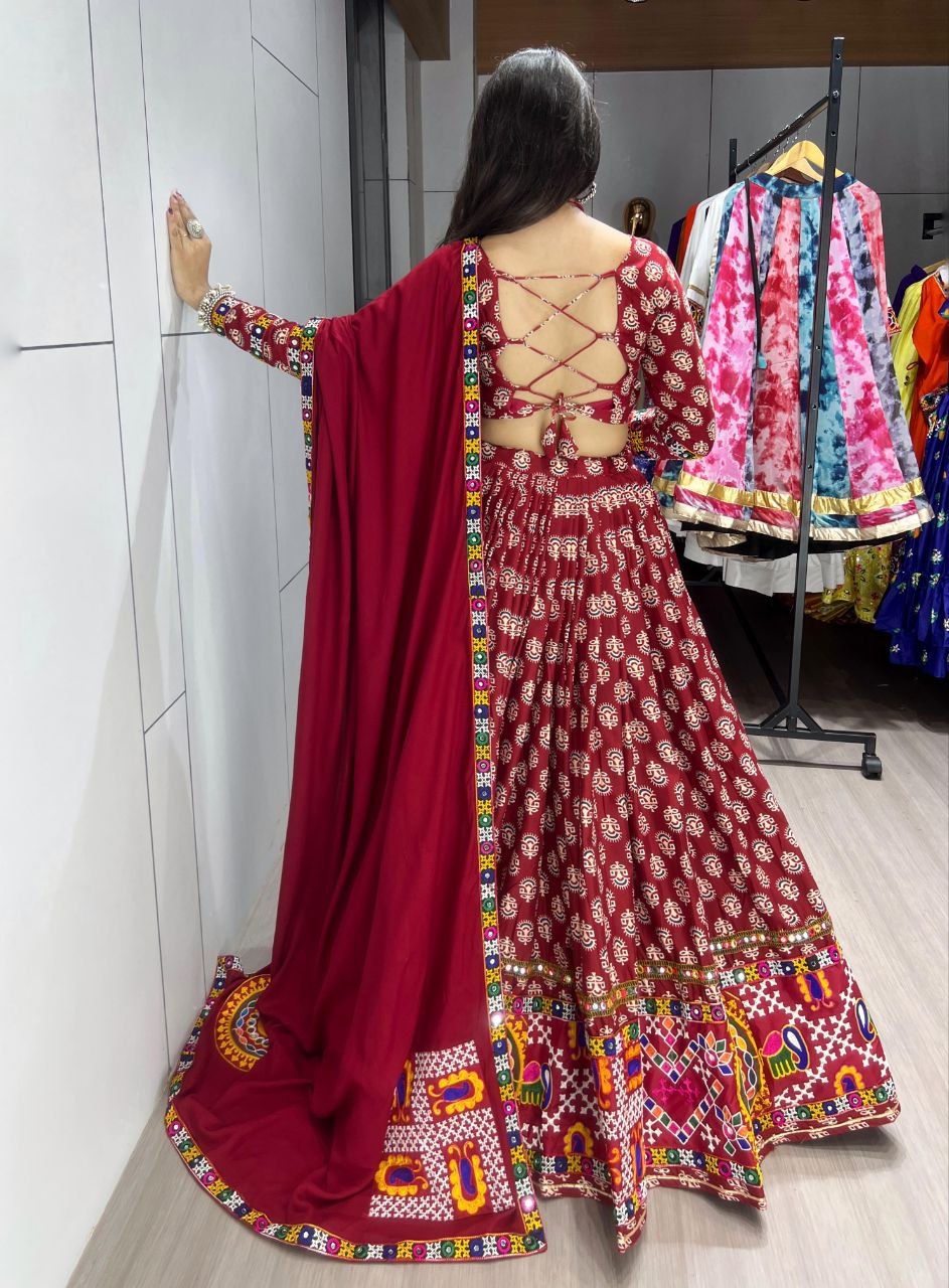 Traditional Ajrakh Print Rayon Cotton Navratri Chaniya Choli with Real Mirror Work