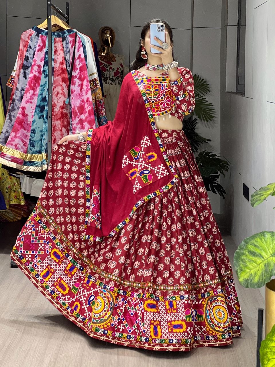 Traditional Ajrakh Print Rayon Cotton Navratri Chaniya Choli with Real Mirror Work
