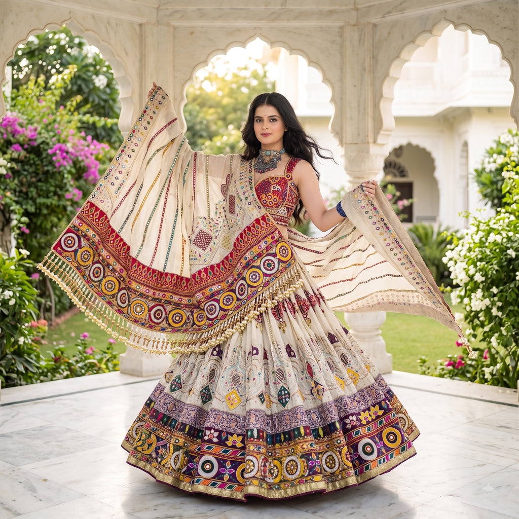 Premium Heritage Muslin Cotton Navratri Lehenga Choli Set with Real Mirror Work Dupatta