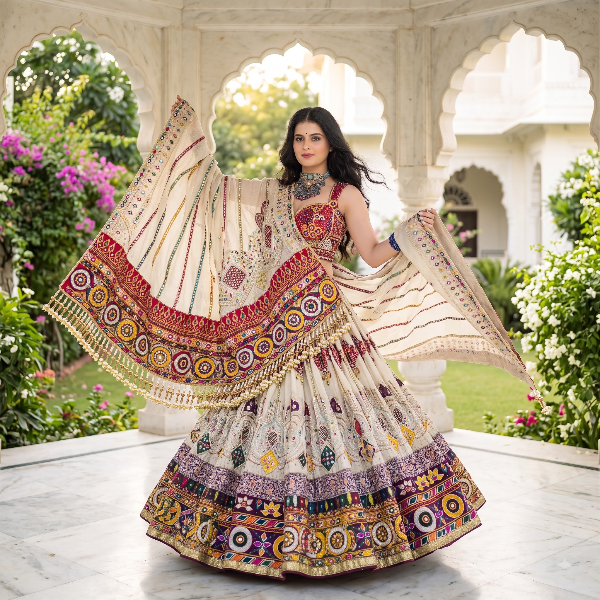 Premium Heritage Muslin Cotton Navratri Lehenga Choli Set with Real Mirror Work Dupatta