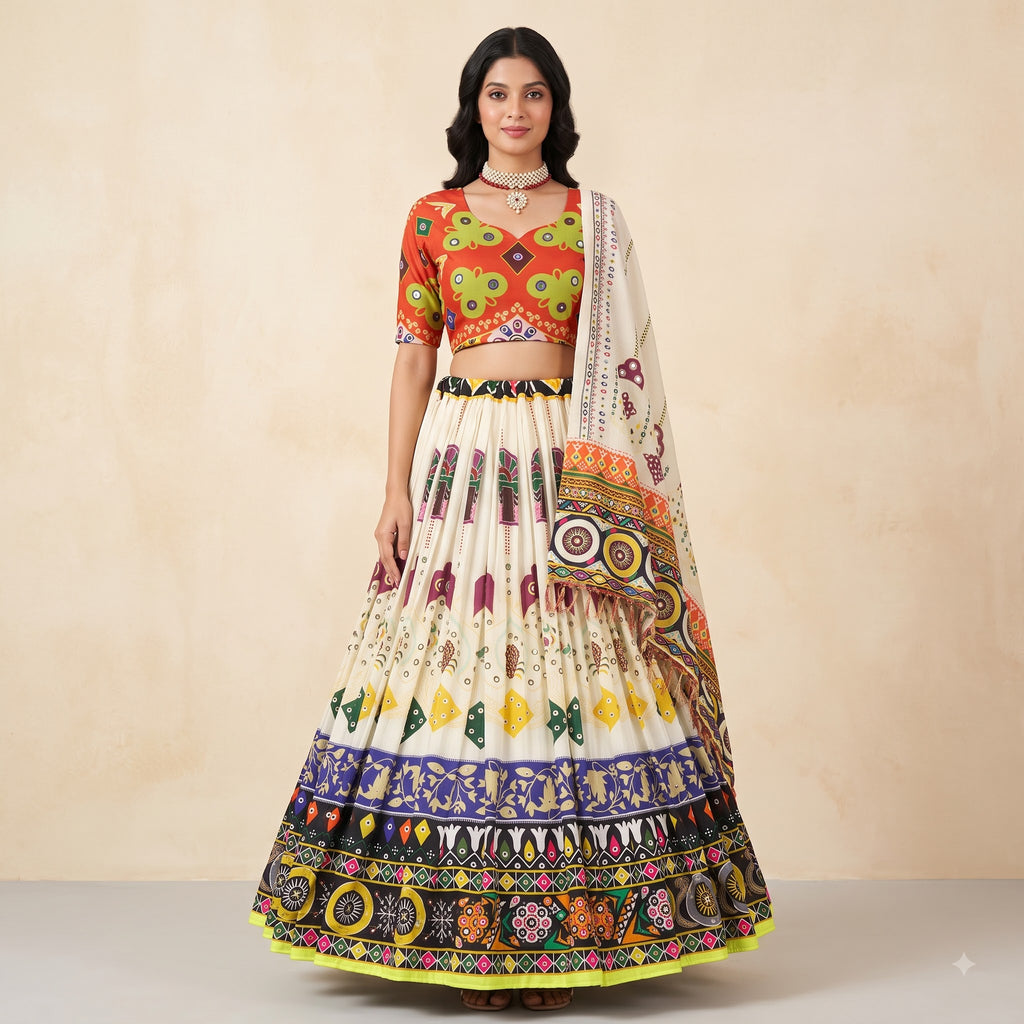 Premium Muslin Cotton Navratri Lehenga Choli Set for Women | Designer Digital Print Chaniya Choli with Mirror Work Dupatta | Garba & Dandiya Collection 2026