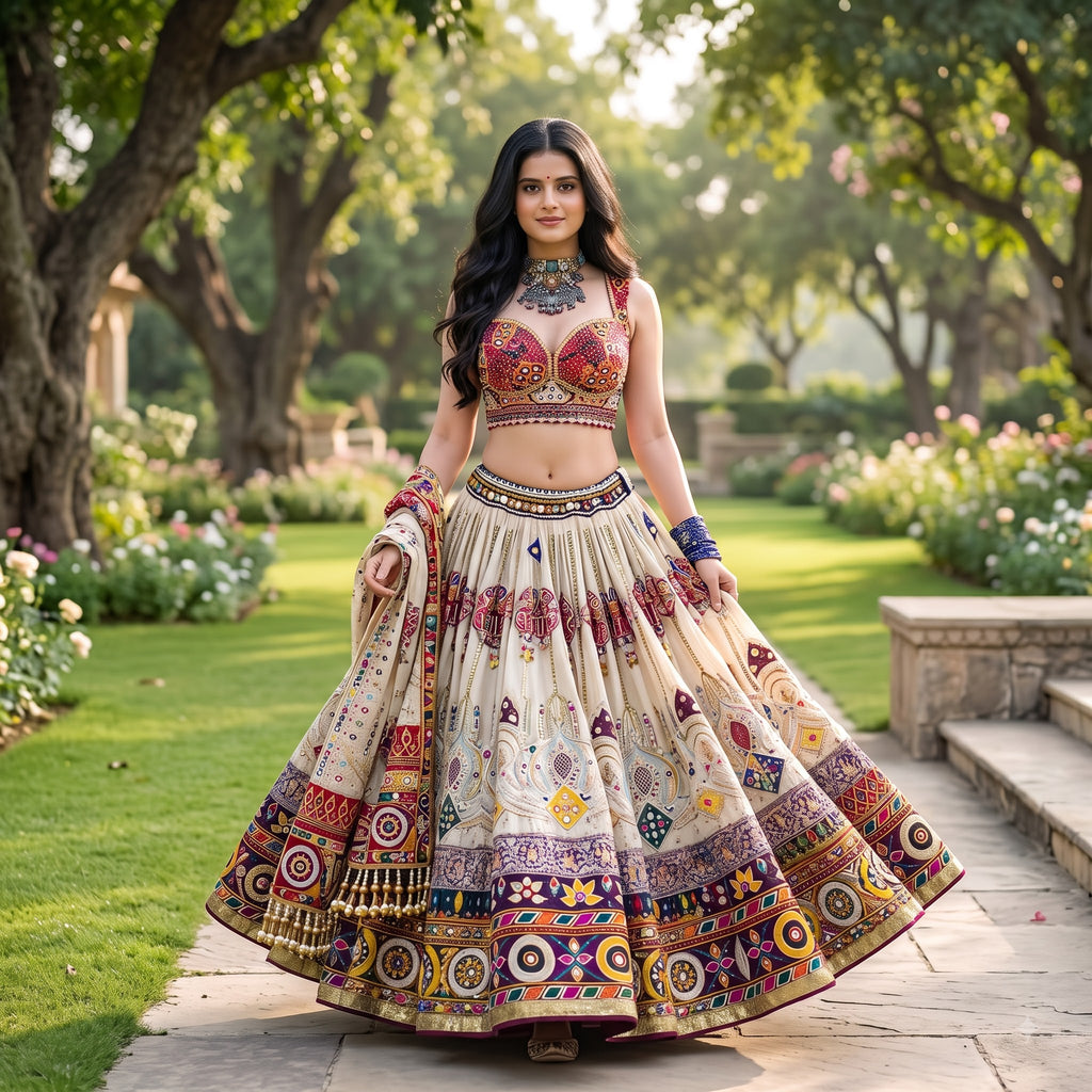 Premium Heritage Muslin Cotton Navratri Lehenga Choli Set with Real Mirror Work Dupatta