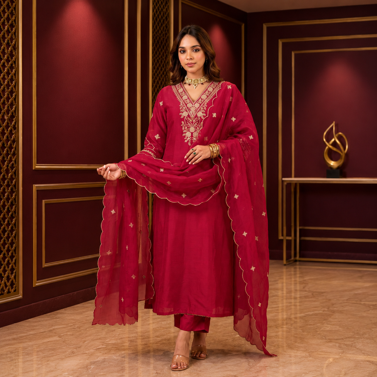 Women's Embroidered Viscose Chanderi Kurta Set with Organza Dupatta | Premium Ethnic Wear