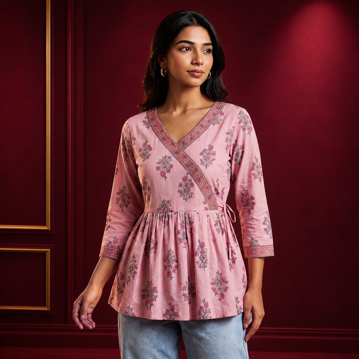 Wrap Style V-Neck Cotton Flex Top for Women | Designer Printed Casual & Office Wear Top