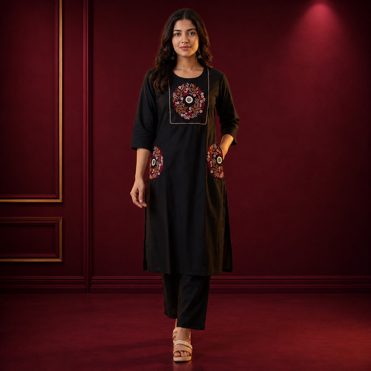 Women's Embroidered Slub Cotton Kurta Pant Set | Premium Cotton Ethnic Wear