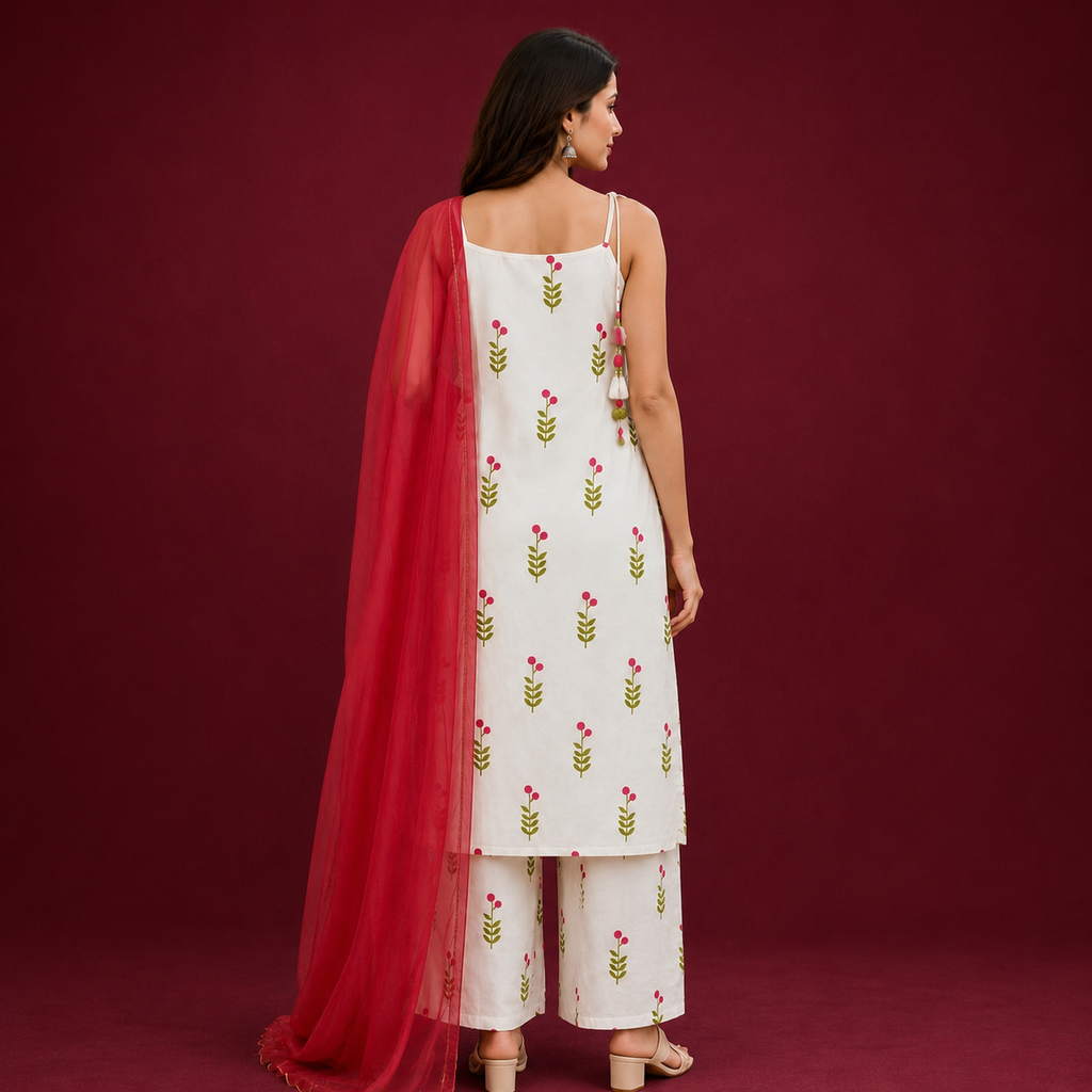 White Floral Rayon Kurti Set with Palazzo & Georgette Dupatta | Festive Ethnic Wear