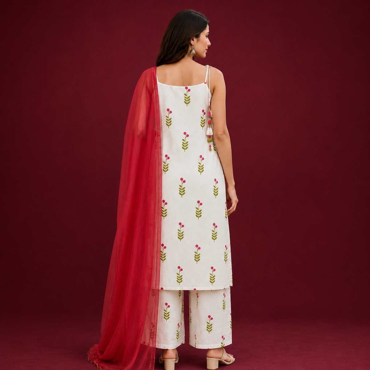 White Floral Rayon Kurti Set with Palazzo & Georgette Dupatta | Festive Ethnic Wear