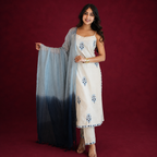 Cotton Flex Embroidered Kurta Set for Women | Kota Check Dupatta & Bottom