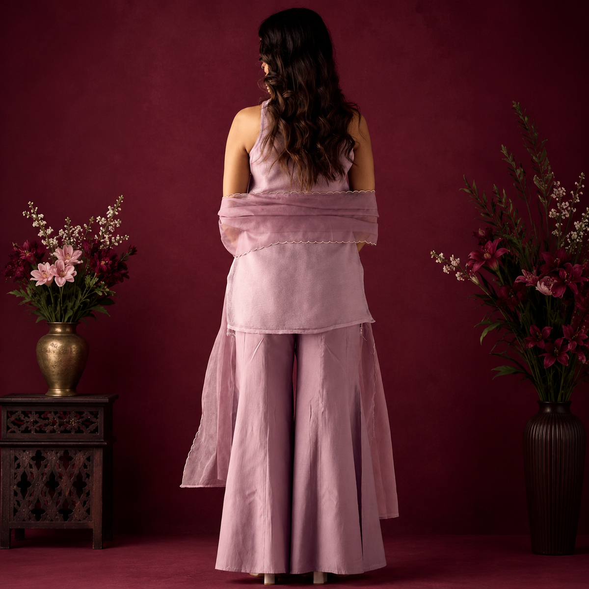 Luxe Crunchy Silk Kurti Palazzo Set for Women | Sequence Embroidery with Organza Dupatta