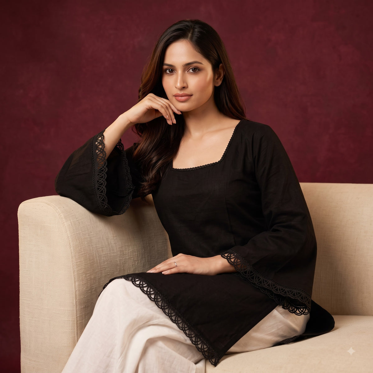 Luxe Roman Silk Lace Detail Short Kurti for Women | Elegant Everyday & Festive Ethnic Wear