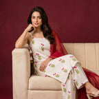 White Floral Rayon Kurti Set with Palazzo & Georgette Dupatta | Festive Ethnic Wear