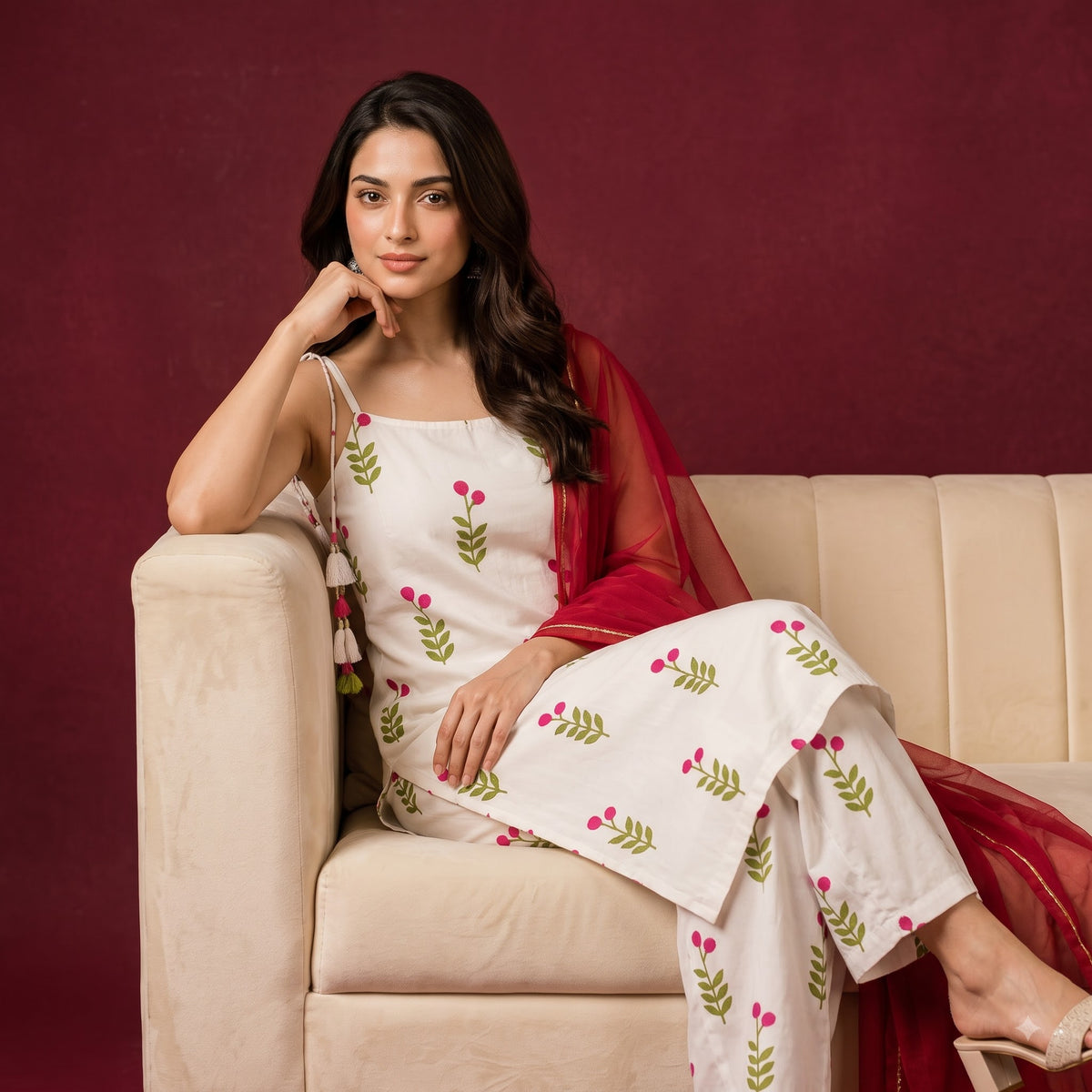 White Floral Rayon Kurti Set with Palazzo & Georgette Dupatta | Festive Ethnic Wear