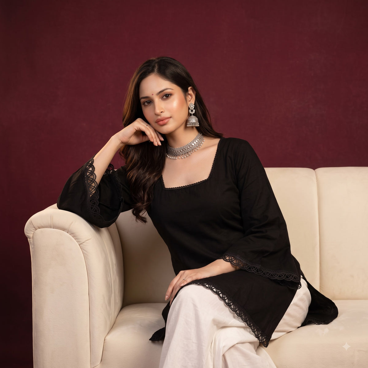 Luxe Roman Silk Lace Detail Short Kurti for Women | Elegant Everyday & Festive Ethnic Wear