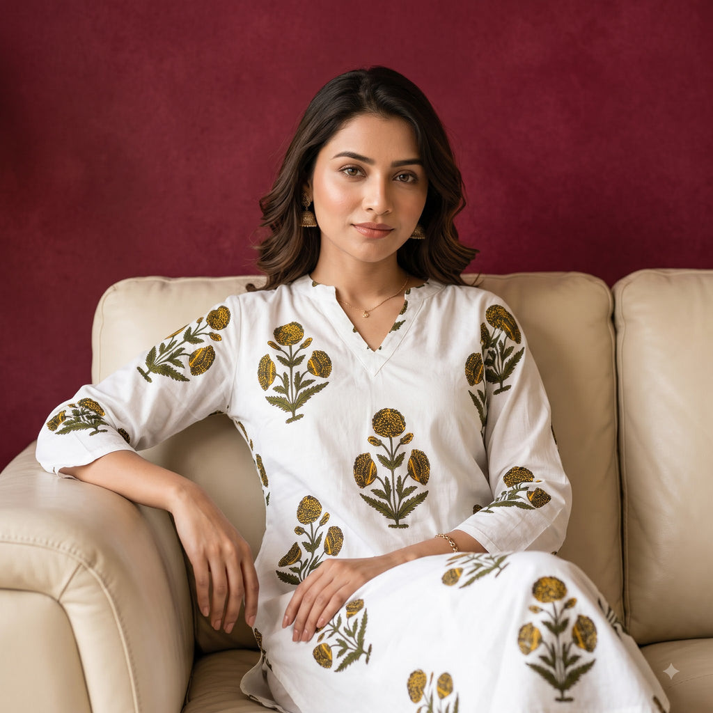 Yaria Printed Rayon Slub Kurti Pant Set for Women | Elegant Long Kurta with Matching Bottom