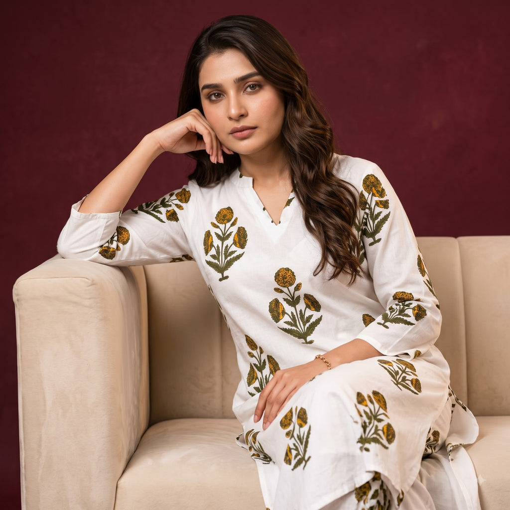 Yaria Printed Rayon Slub Kurti Pant Set for Women | Elegant Long Kurta with Matching Bottom