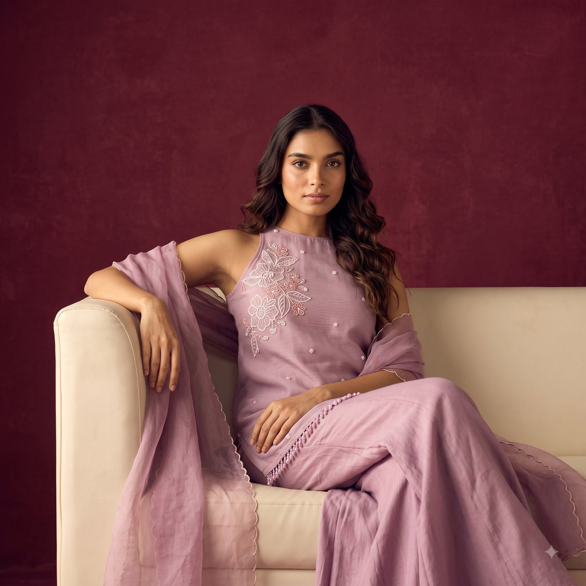 Luxe Crunchy Silk Kurti Palazzo Set for Women | Sequence Embroidery with Organza Dupatta