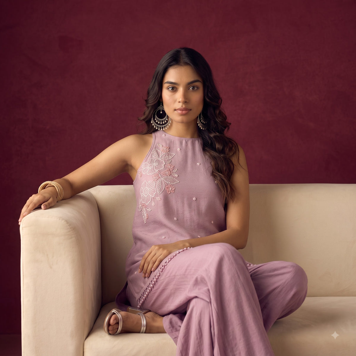 Luxe Crunchy Silk Kurti Palazzo Set for Women | Sequence Embroidery with Organza Dupatta