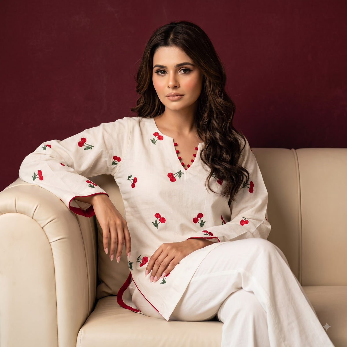 Embroidered Cambric Cotton Kurti Palazzo Set | Designer Party Wear with Georgette Dupatta
