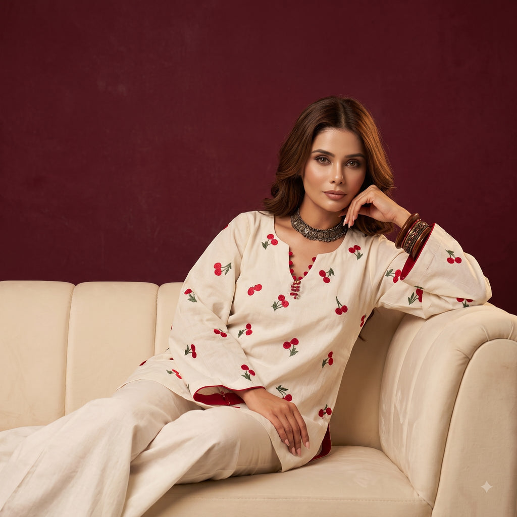 Embroidered Cambric Cotton Kurti Palazzo Set | Designer Party Wear with Georgette Dupatta