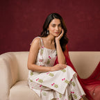 White Floral Rayon Kurti Set with Palazzo & Georgette Dupatta | Festive Ethnic Wear