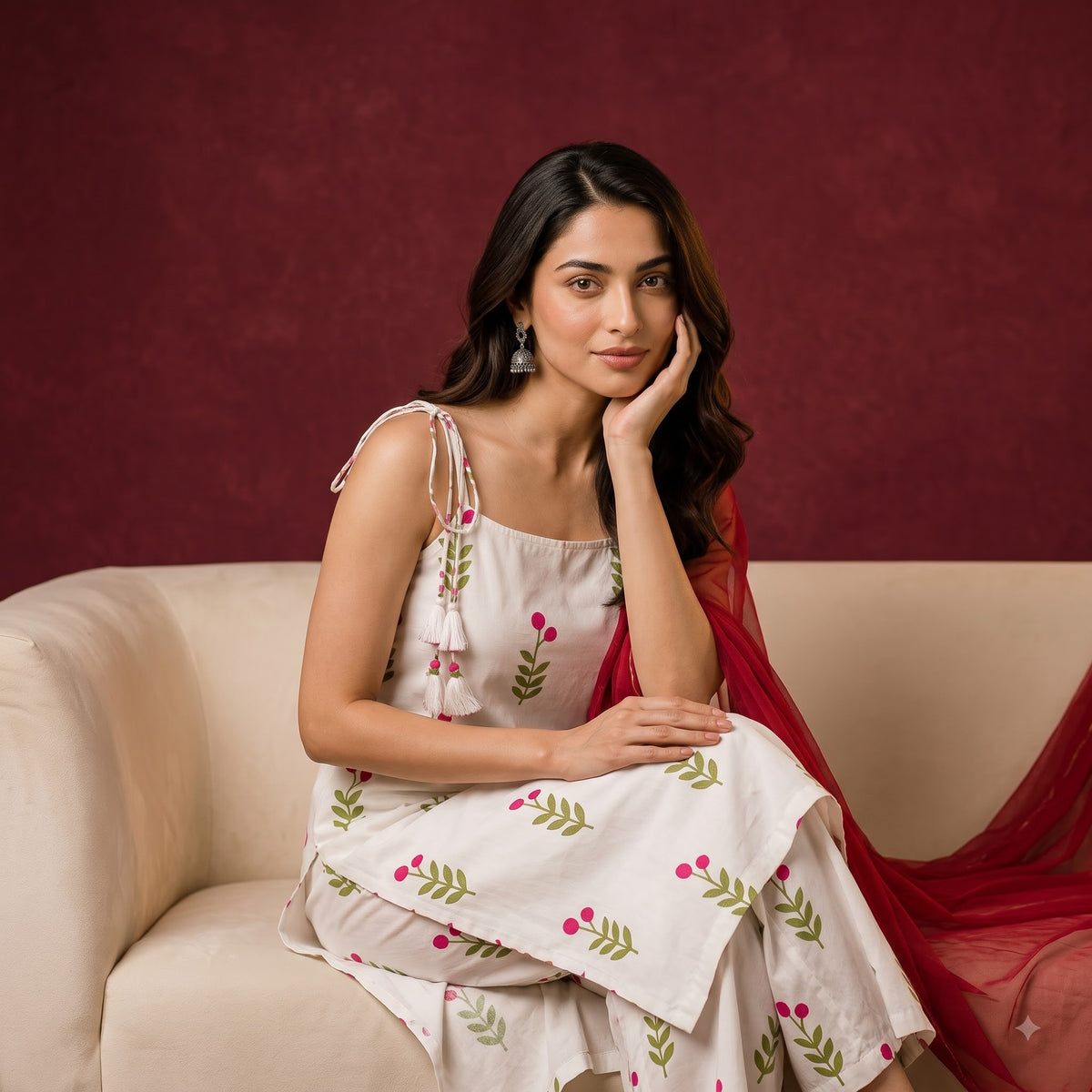 White Floral Rayon Kurti Set with Palazzo & Georgette Dupatta | Festive Ethnic Wear