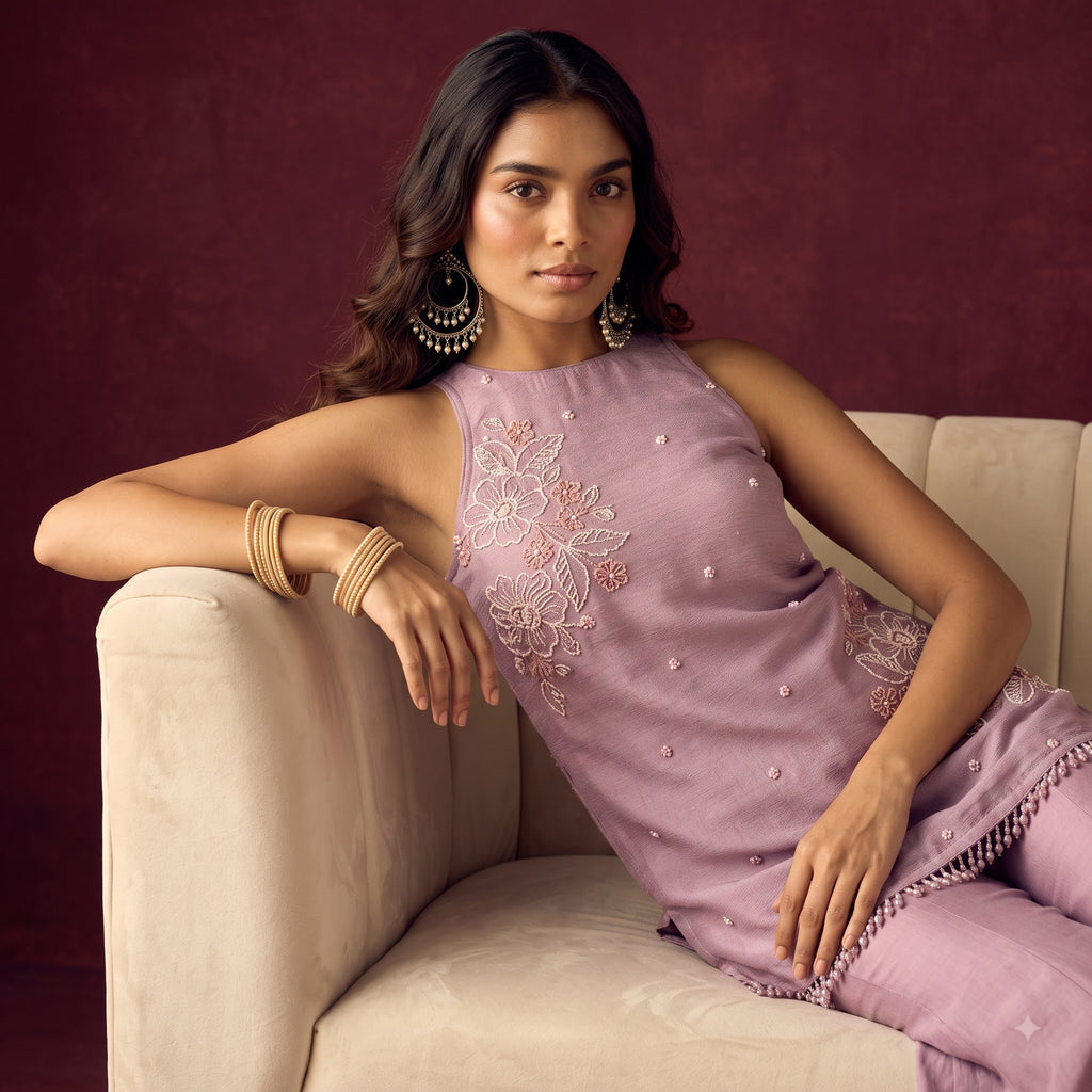 Luxe Crunchy Silk Kurti Palazzo Set for Women | Sequence Embroidery with Organza Dupatta