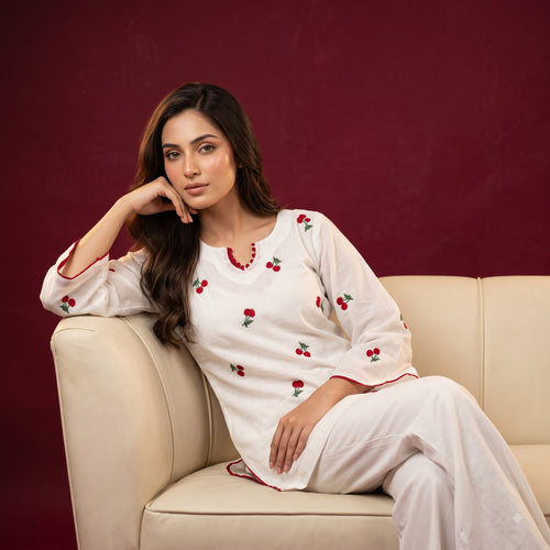 Embroidered Cambric Cotton Kurti Palazzo Set | Designer Party Wear with Georgette Dupatta
