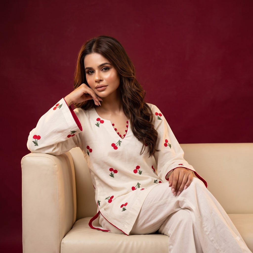 Embroidered Cambric Cotton Kurti Palazzo Set | Designer Party Wear with Georgette Dupatta