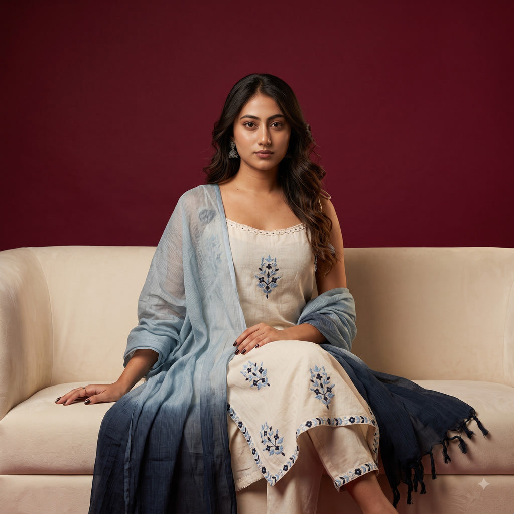 Cotton Flex Embroidered Kurta Set for Women | Kota Check Dupatta & Bottom