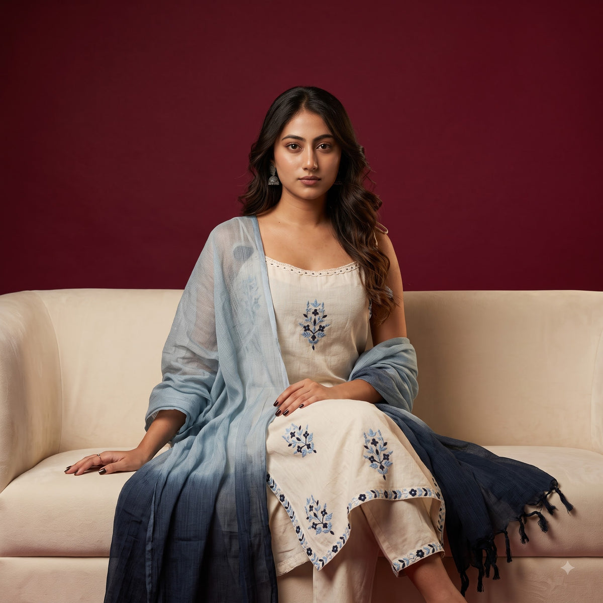 Cotton Flex Embroidered Kurta Set for Women | Kota Check Dupatta & Bottom