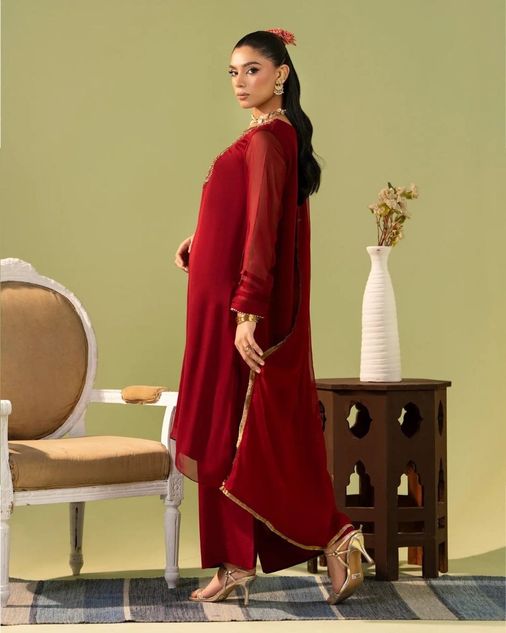 Premium Georgette Silk Embroidered Kurti Set with Bottom & Lace Dupatta