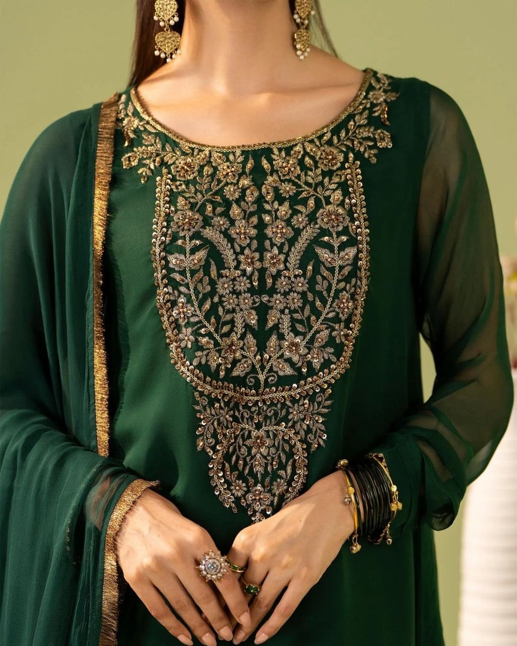 Premium Georgette Silk Embroidered Kurti Set with Bottom & Lace Dupatta