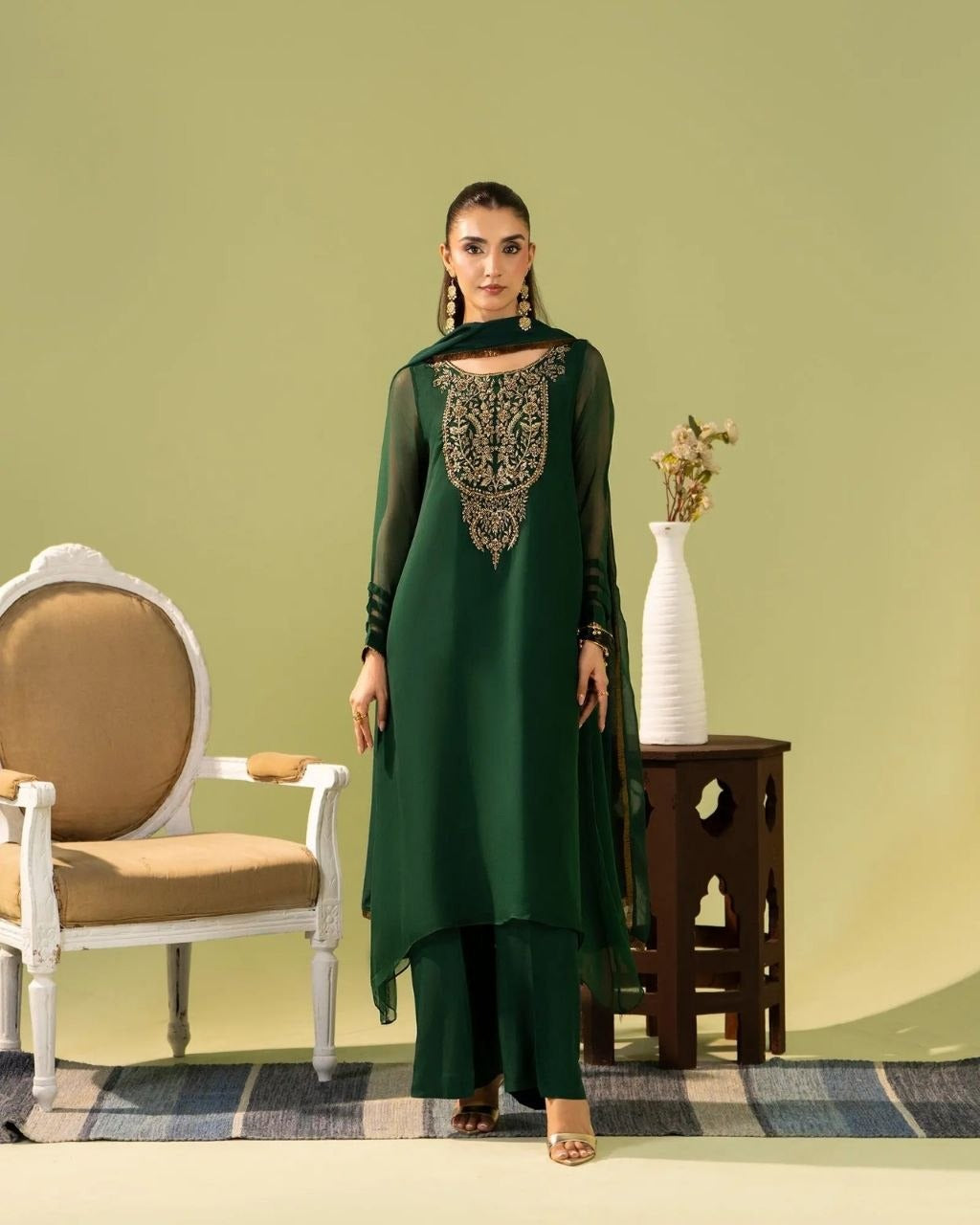 Premium Georgette Silk Embroidered Kurti Set with Bottom & Lace Dupatta